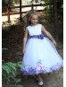 White Satin Tulle Purple Petals Tea Length Flower Girl Dress